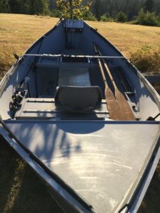 the front of an old aluminum drift boat