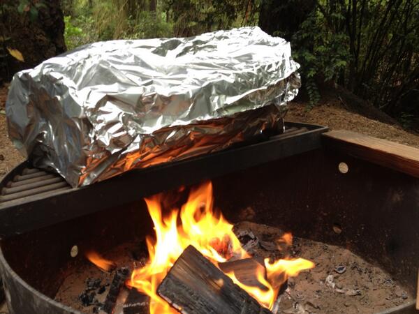 Tweet: Hot-smoking a salmon filet over the campfire. Dinn…